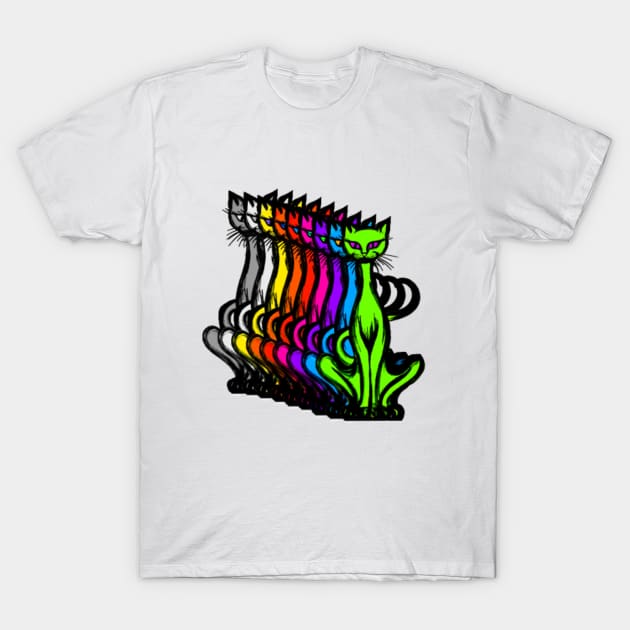 Retro 1970's Funky Groovy Multicolored Cats in a row T-Shirt by iskybibblle